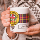 Buchanan Clan Crest and Tartan Mug displayed with a vibrant tartan pattern, perfect for showcasing clan pride, 11 oz size
