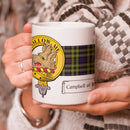 Campbell of Breadalbane Clan Crest and Tartan Mug showcasing clan pride, perfect for hot beverages and customizable print design.