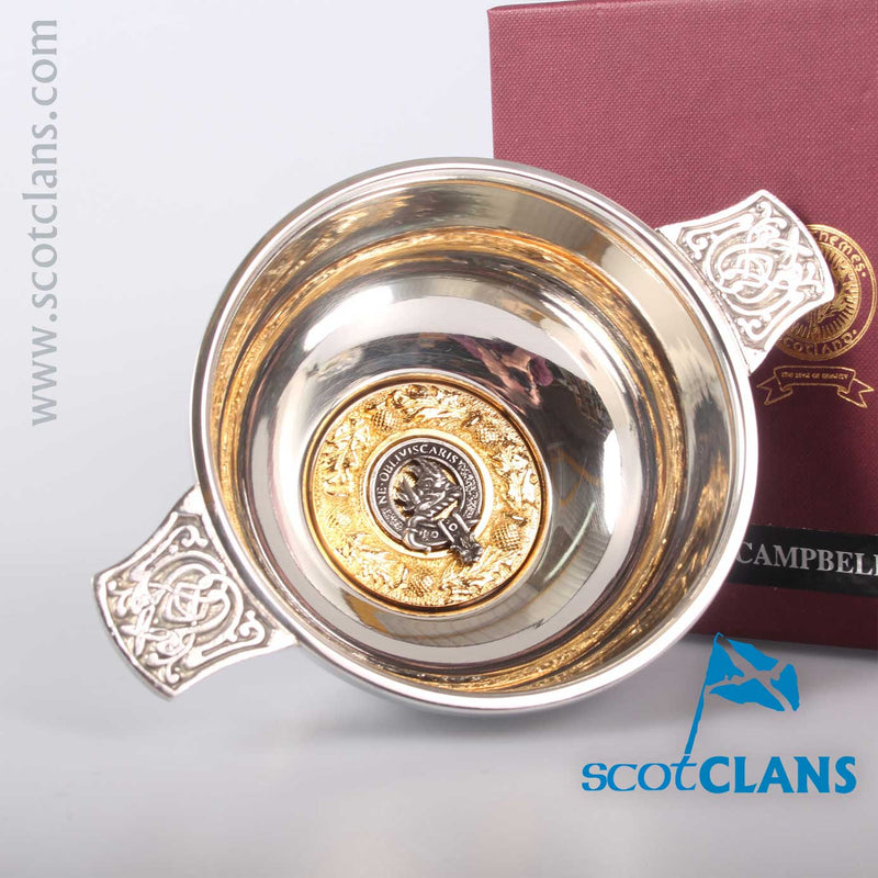 Campbell Clan Crest Quaich with Gold Trim