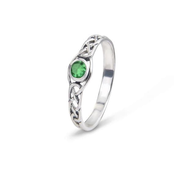 Celtic Silver Ring with a Emerald colour stone