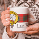Cheyne Clan Crest and Tartan Mug showcasing Clan pride with a vibrant design, perfect for everyday use.