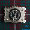 Crawford Pewter Clan Crest Buckle for Kilt Belts displayed on a leather pad, showcasing its detailed craftsmanship and approved clan crest design.