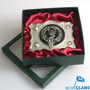 Crawford Pewter Clan Crest Buckle for Kilt Belts featuring a clan crest badge on leather, made from high-quality pewter.