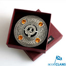 Crawford Clan Crest Pewter Plaid Brooch with Celtic design and colored stones, showing Scottish heritage fashion accessory.