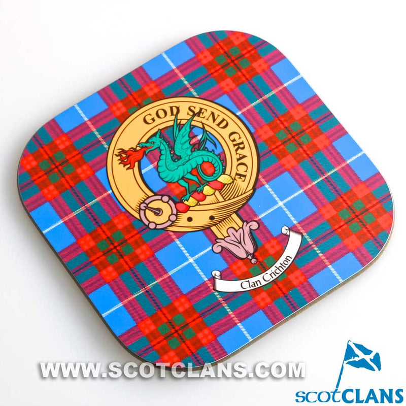 Crichton Clan Crest and Tartan Wooden Coaster 4 Pack
