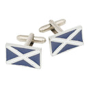 St. Andrews Saltire Enamel Cufflinks displayed in a stylish black box, showcasing Scottish heritage and fine craftsmanship by The Sgian Dubh Co.