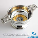 Cunningham Clan Crest Quaich with Gold Trim showcasing intricate pewter craftsmanship and clan crest, perfect for sharing a drink in Scottish tradition.