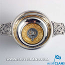 Cunningham Clan Crest Quaich with Gold Trim showcasing detailed pewter craftsmanship and a gold trim around the clan emblem, perfect for sharing drinks in Scottish tradition.