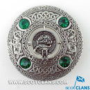 Douglas Clan Crest Pewter Plaid Brooch featuring a Celtic design and colored stones.