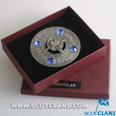Close-up of the Douglas Clan Crest Pewter Plaid Brooch showcasing its intricate details and craftsmanship.