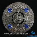 Douglas Clan Crest Pewter Plaid Brooch displayed on a tartan background, highlighting its traditional Scottish style.