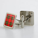 Dunbar Modern Tartan Cufflinks in a metallic finish presentation box, showcasing custom made designs and vibrant resin doming technique.