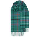 Elegant Bowhill Standard Tartan Lambswool Scarves displayed on a wooden table, highlighting the luxurious feel of the fabric.