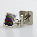 Durie Tartan Cufflinks showcased in a metallic finish presentation box, highlighting the unique resin doming technique used for a brilliant look.