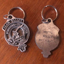 Clan Elliot Metal Keyring featuring clan crest and motto, 1.5 inches x 1 inch, perfect for stylishly holding keys.