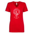 Elliot Clan Crest Ladies Outline T-Shirt displayed on a model, showcasing its stylish V-neck design and soft fabric for comfortable wear.