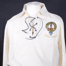 Clan Crest Embroidered Ghillie Shirt by ScotClans-Embroidery, featuring luxurious pure linen construction, traditional leather lace fastening, available in White, Cream, and Black colors.