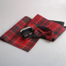 Tartan Evening Dress Set showcasing a stylish cummerbund, classic wing collar bow tie, elegant wool pocket square, and coordinate oval cuff links for a sophisticated formal attire.