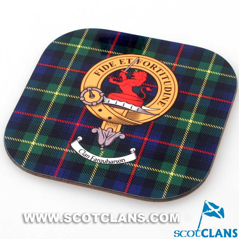 Farquharson Clan Crest and Tartan Wooden Coaster 4 Pack