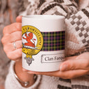 Farquharson Clan Crest and Tartan Mug showcasing vibrant tartan design and clan crest, perfect for displaying your heritage.