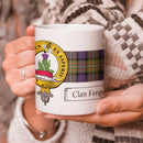Fergusson Clan Crest and Tartan Mug showcasing clan pride, 11 oz, perfect for daily use.