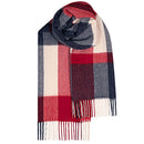Model wearing a Bowhill Standard Tartan Lambswool Scarf, illustrating how to stylishly layer this accessory for cold weather.