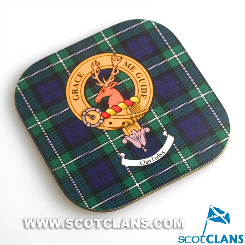 Forbes Clan Crest and Tartan Wooden Coaster 4 Pack