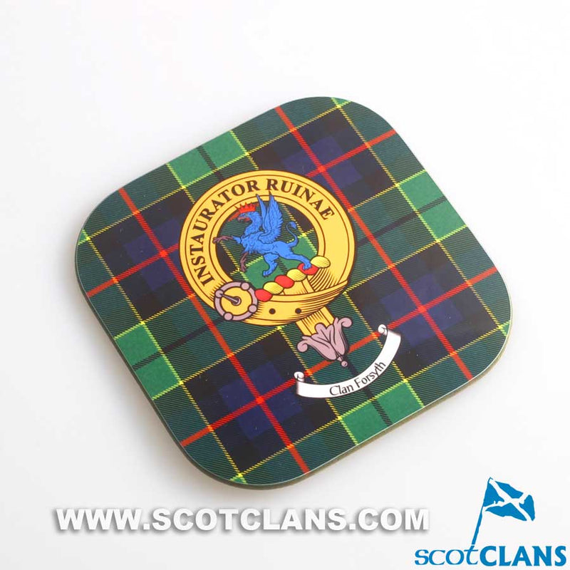 Forsyth Clan Crest and Tartan Wooden Coaster 4 Pack