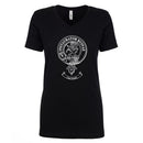 Forsyth Clan Crest Ladies Outline T-Shirt displayed on a model, showcasing the stylish V-neck design in premium cotton, perfect for showing clan pride.