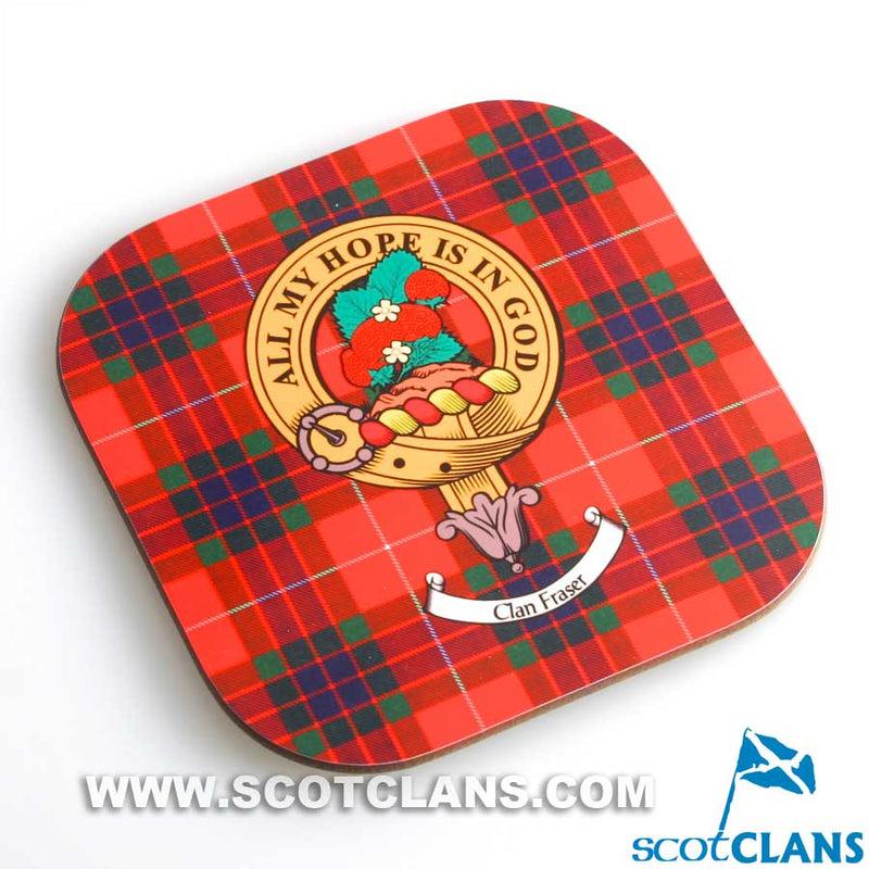 Fraser Clan Crest and Tartan Wooden Coaster 4 Pack