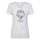 Fraser of Lovat Clan Crest Ladies Outline T-Shirt displayed on a model in a casual setting, showcasing Scottish pride.