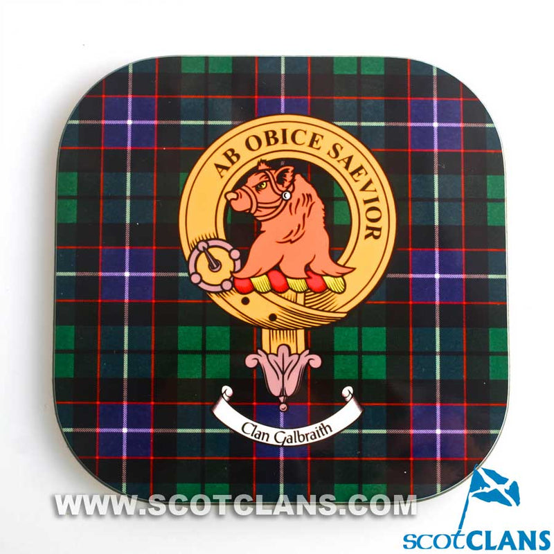 Galbraith Clan Crest and Tartan Wooden Coaster 4 Pack