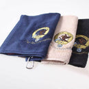 Set of Three Clan Crest Embroidered Golf Towels in vibrant colors, showcasing personalized clan crest embroidery, perfect for golf enthusiasts.