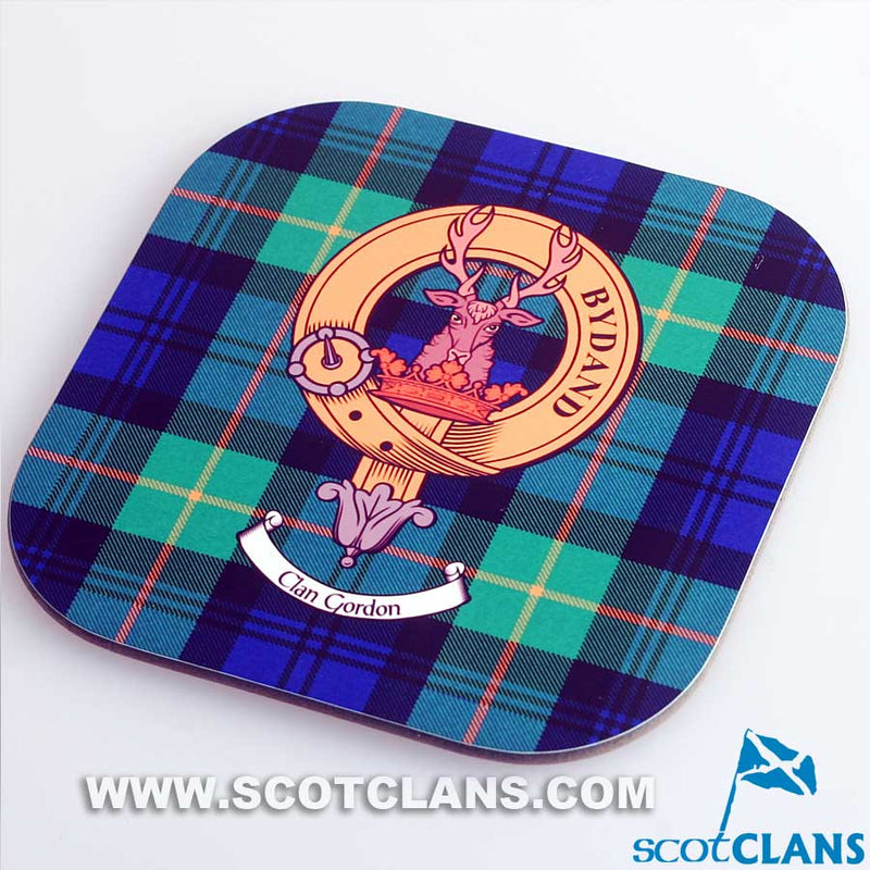 Gordon Clan Crest and Tartan Wooden Coaster 4 Pack