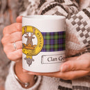 Gordon Clan Crest and Tartan Mug showcasing traditional Scottish design, perfect for displaying your clan pride in style.