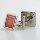 Grant Weathered Tartan Cufflinks in a metallic finish, displayed in a presentation box, showcasing custom-made design and resin doming technique.