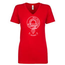 Grierson Clan Crest Ladies Outline T-Shirt displayed on a mannequin, showcasing its stylish V-neck design and soft cotton fabric.