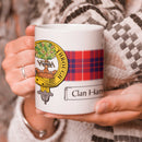 Hamilton Clan Crest and Tartan Mug showcasing the vibrant clan tartan pattern, ideal for proud clan members and collectors.