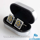 Hannay Clan Crest Cufflinks showcasing intricate design and metallic finish, perfect for celebrating Scottish heritage and adding elegance to any attire.