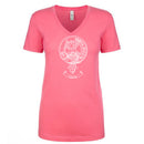 Hay Clan Crest Ladies Outline T-Shirt showcasing the stylish V-neck design and soft 100% cotton fabric, perfect for comfort and fashion.