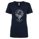 Hunter Clan Crest Ladies Outline T-Shirt displayed on a model, showcasing its stylish V-neck design and elegant clan crest outline.