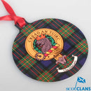 MacLaren Clan Crest and Tartan Metal Christmas Ornament showcasing the unique clan crest beautifully printed on high-quality aluminum.