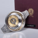 MacKay Clan Crest Quaich with Gold Trim, showcasing its exquisite design and craftsmanship, perfect for sharing whisky and celebrating Scottish heritage.