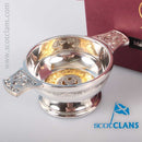 Close-up of the MacDonald Clan Crest Quaich with Gold Trim, highlighting the premium pewter craftsmanship and personalized clan crest options.