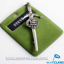 Clan Crest Pewter Kilt Pin with Stewart Crest, showcasing intricate craftsmanship and an antique palladium finish, perfect for Scottish heritage enthusiasts.