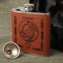 Innes Clan Crest PU Leather Covered Hip Flask showcasing elegant design with stainless steel and leather cover, perfect for celebrating heritage and special occasions.