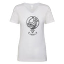 Innes Clan Crest Ladies Outline T-Shirt displayed in a stylish setting, showcasing its V-neck design and soft fabric.