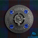 Kennedy Clan Crest Pewter Plaid Brooch featuring a Celtic design, complete with colored stones, ideal for showcasing clan heritage.