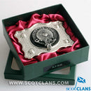 Presentation box of the Kerr Pewter Clan Crest Buckle For Kilt Belts, highlighting the beautiful display and craftsmanship of the pewter buckle.