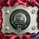 Kerr Pewter Clan Crest Buckle For Kilt Belts showcasing the intricately designed clan crest badge on a leather pad, ideal for traditional Scottish attire.
